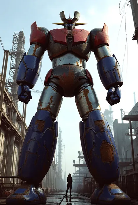 A highly realistic version of Mazinger Z, standing at 18 meters tall in a foreshortened position. The robot is constructed with modern materials like steel, carbon fiber, and other industrial elements, giving it a lifelike, rugged appearance. Its surface i...