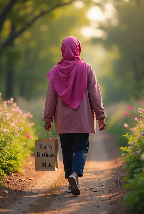 A thicker dark skinned girl wearing a pink hijab walking away from the camera with a gift bag labelled happy birthday Mate on a beautiful flowered path taking a realistic photo
