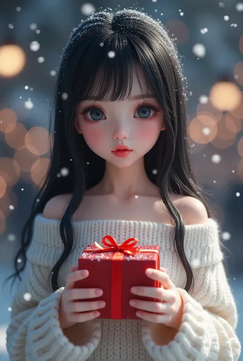 Very realistic, Hyperrealism , super real , (masterpiece, refined eyes with attention to detail : 1.2), (cute), 15-year-old girl、she is a girl with smooth shiny black pink hair.,age 15 、 Christmas Decorations at Night at the Park When Snow Pours and Pile U...