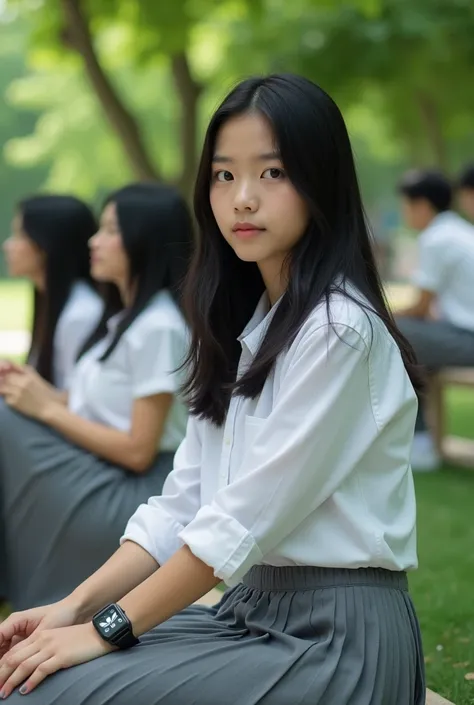 A beautiful girl 20yo, with straight black hair wearing indonesian senior high school(white shirt and long grey skirts, adidas sneakers, iwatch, sits in the school park with friends, realistic photo,