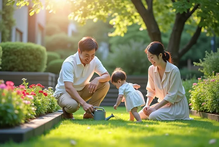 A realistic photograph of a Japanese family spending a peaceful morning in their home garden. The father, wearing a casual white shirt and beige pants, is watering the plants with a small watering can. The mother, dressed in a light pastel blouse and skirt...