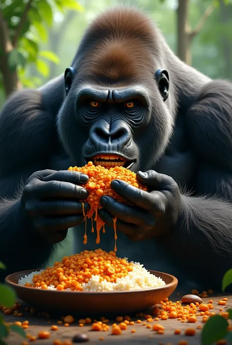 Gorilla eating curry and rice