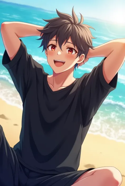 Anime male, short good hair, chilling on the beach, stretching his arms behind head, black t-shirt medium sleeves, red eyes,