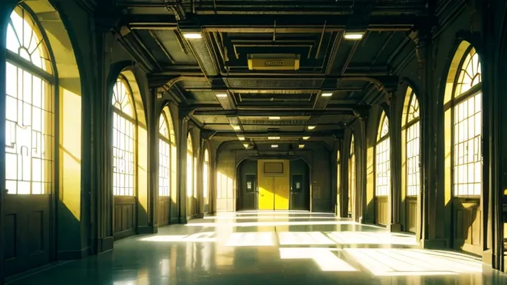 backrooms, liminal Space, suspicious atmosphere ,  Irregular channel, windowless space, maze, maze like space, Yellow Wall, yellow floor ,  countless fluorescent lights, intricate passageways, passageway that stretches sideways, Inorganic