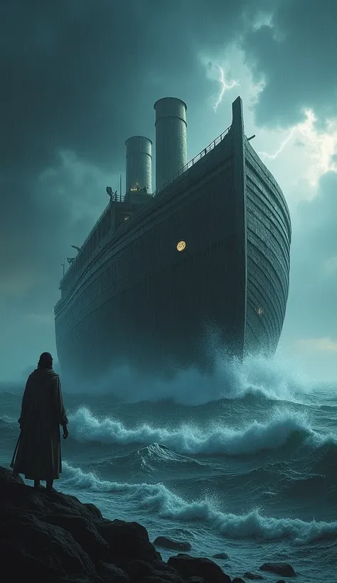 An epic scene depicting Noahs Ark battling through the immense floodwaters. The massive ark, constructed with great detail, floats atop the turbulent, dark waters. Towering waves crash around it, with the sky filled with thick rain clouds and flashes of li...