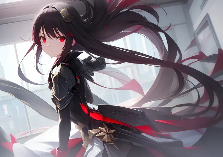 Reflect tooltip: woman with red eyes stands in front of the window, trending on pixiv, There&#39;s a scary atmosphere behind her., panoramic view of the girl in the center, Anime lighting, forced witness, Glass lid, Heavy makeup, (screens),Beautiful silhou...