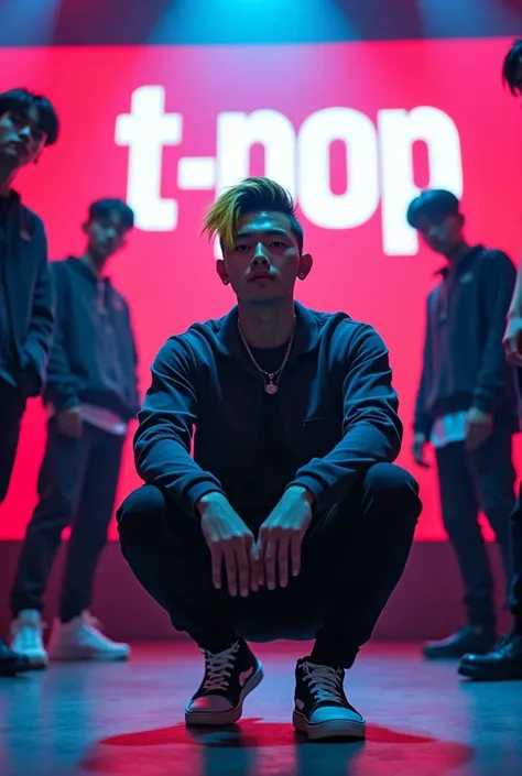 "High-quality 8k image of a handsome 20-year-old Asian male singer with a fit physique, black and golden hair styled in an undercut, dressed in street fashion. He is kneeling at an angle, facing the camera. On both his left and right sides, there are frien...