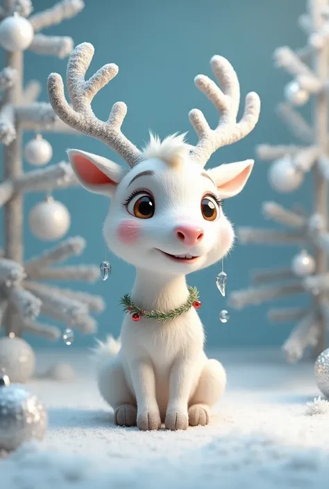  Cute cartoon reindeer ,  snow-white fluffy deer silver branched horns,  garland entangled in horns , against the background of a white Christmas tree ,  Christmas decorations apples in white frost frosty patterns , In Pixar style