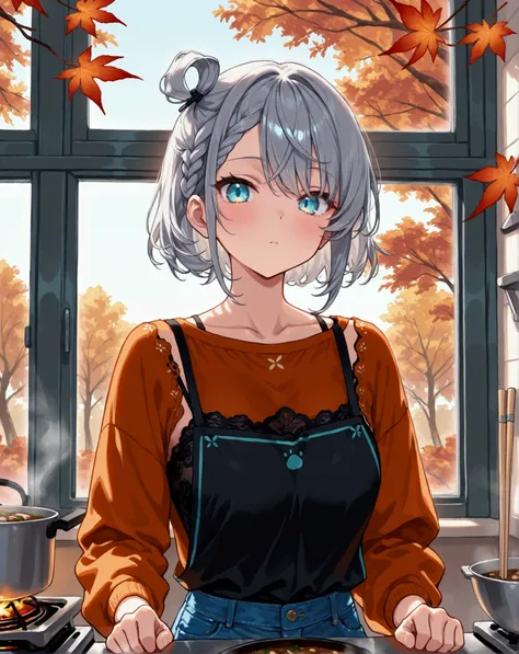 1 Girl, Solo, jeans, blue jeans, black lace camisole, white cooking apron, short hair, top knot hair, grey hair, braided side bangs, asymmetrical bangs, left bang longer than right, turquoise eyes, human, cute pose, front facing, front view, looking at vie...