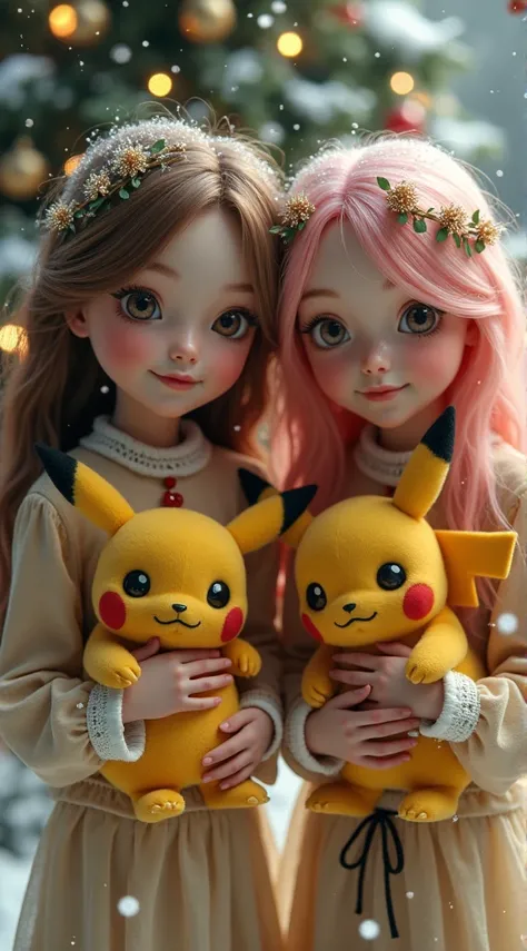 Sitting two adult little fairies. one has brown hair and one has pink hair. they’re in a christmas outfit, Two fairies are holding two Pikachus in their hands. Decorated Christmas tree and snowflakes. Cinematic movie. The fairies are facing the viewer.