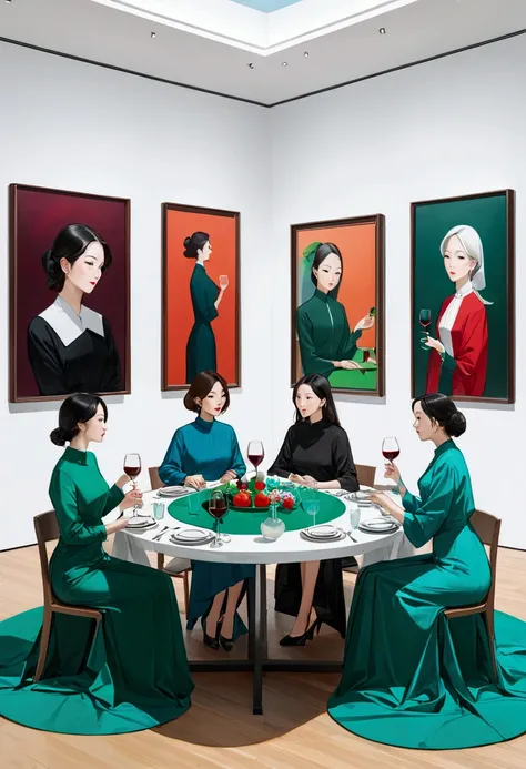 Four women sit at a long table covered with a green tablecloth drawn by artist Park Sang-gwang in the middle of a white-walled museum and enjoy wine.