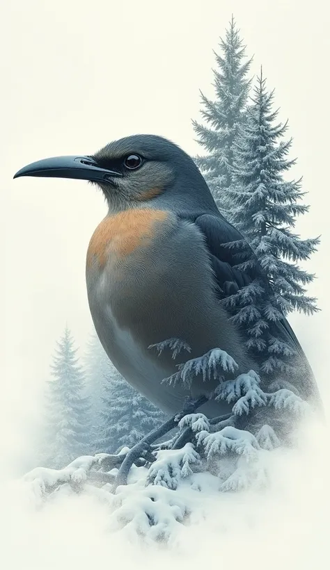 Conceptual art. Double exposure collage. Color sketch. 16K. UHD. high quality, photorealism. Thematic background. Snowy winter forest. Crossbill. Stunning full color design, sharp focus, intricate details, high detail, perfect anatomy. Hyperrealism.