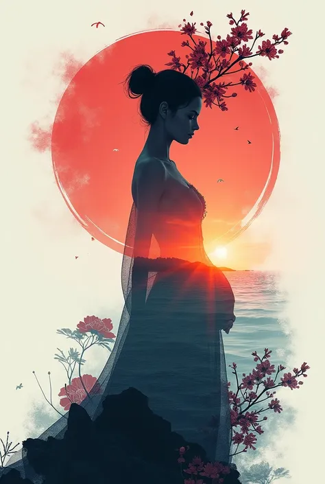 high quality, 8K Ultra HD, A beautiful double exposure that combines an goddess silhouette with sunset coast, sunset coast should serve as the underlying backdrop, with its details incorporated into the goddess , crisp lines, The background is monochrome, ...