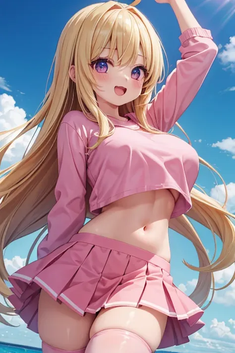 1 girl, anime screencap,score_anime, best quality, masterpiece, ultra high res, cute, shiny skin, pink shirts, crop top, (navel:1.2), midriff, bare stomach, miniskirt, single thighhighs, huge breasts, long hair,  smile, open mouth,