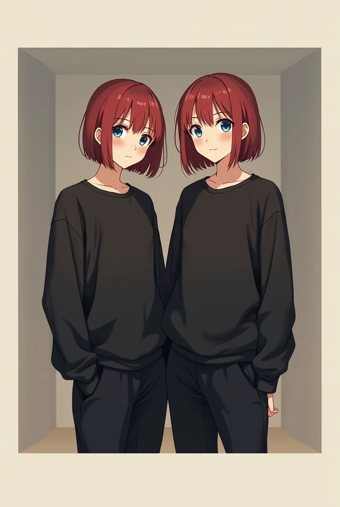  Anime brother and sister,  twins, , square, almost identical , black clothes,  dull red hair , blue eyes 