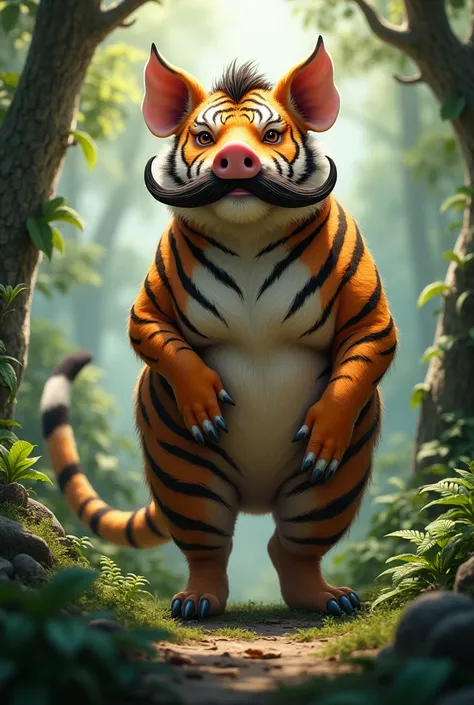 A pig with a body like a tiger, with a tail like a horse, is in the forest.