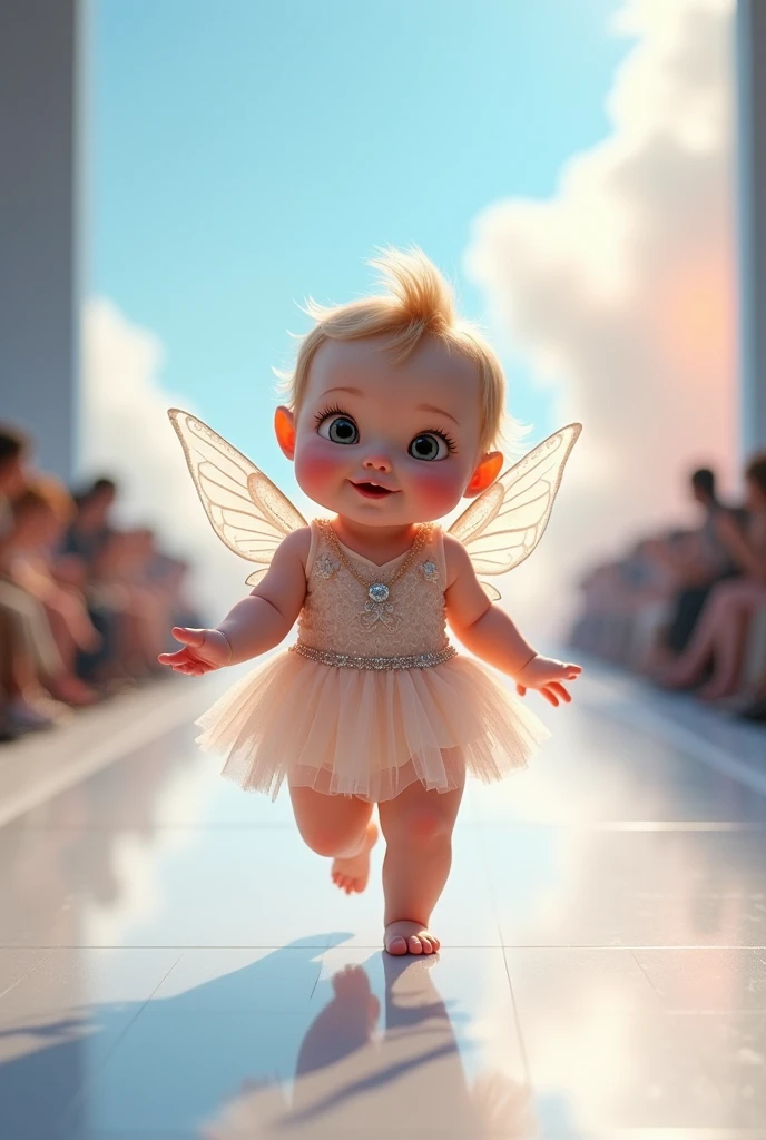 Create a picture of a baby on a runway . It wears clothes that look like a fairy 