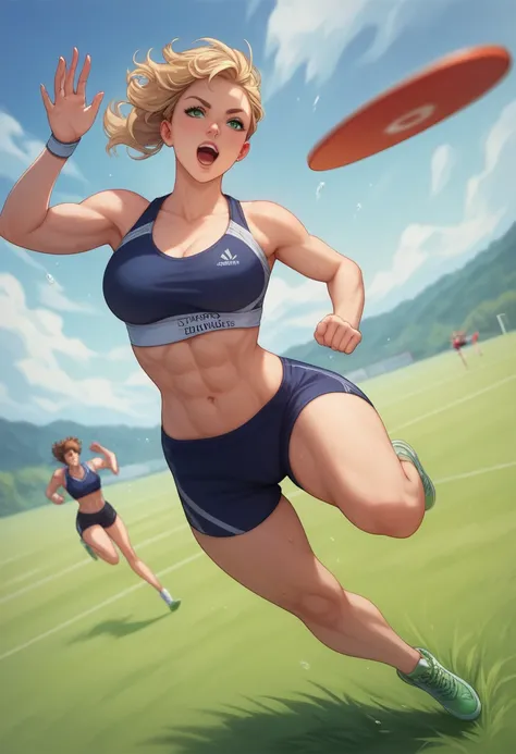 A woman running on the grass holding a frisbee, freely running, a girl running, anime girl running, cottagecore, fitness body, shot with sony alpha 9, jumping towards the viewer, on a green hill, open green field, shot with iphone 10, running pose, jumping...