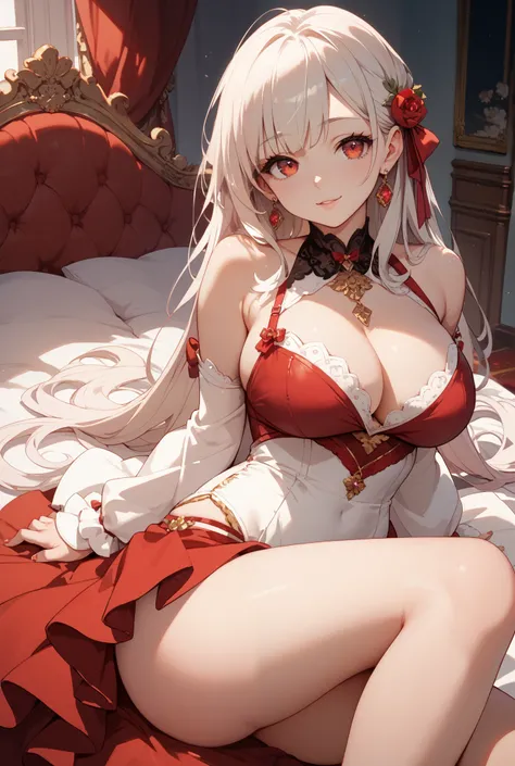 A anime girl long hair a red dress a red eyes a face vary cute . She is big butt a big breasts she is very cute and very beautiful . Is sitting in a bed shoulders a white dress she is s ago