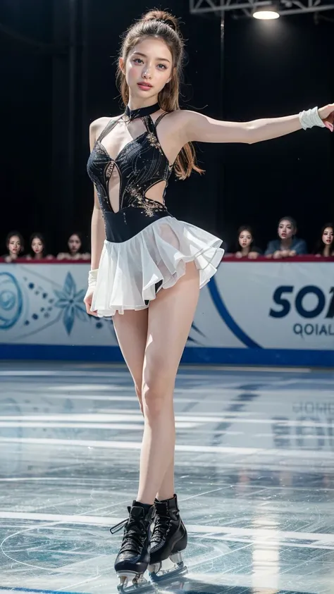 (8k, best quality:1.3), (extremely detailed:1.2), perfect anatomy, beautiful Japanese woman, 18 years old, healthy thighs, beautiful legs, beautiful skin, random hair color, random hairstyle, large breasts, (she is standing:1.2), female figure skater, figu...