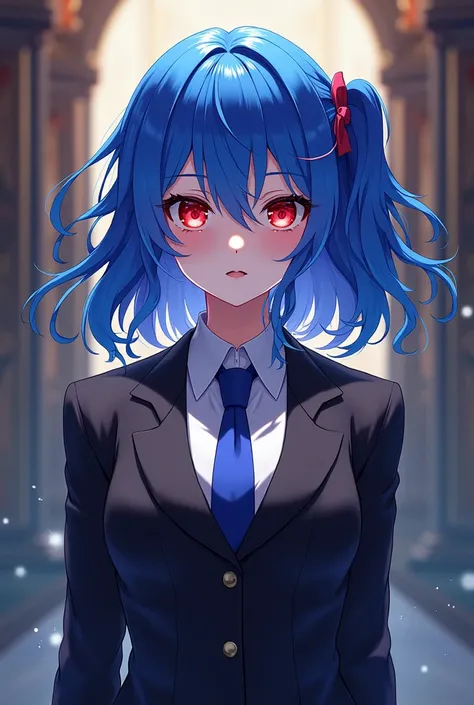 create an anime with bluehair red eyes and formal clothes