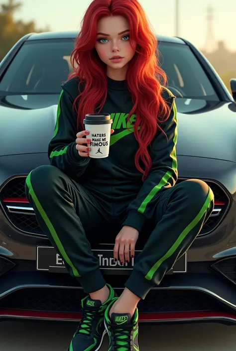 A girl wearing a black and green nike tracksuit and jordan unc dneakers in black sitting on a black mercedes benz holding a cup written haters make me famous with long red hair and blue eyes