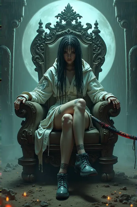 "ghost woman, machine body, (Damaged) katana, intricately patterned dreadlocks, twintails, sitting on a throne, intricate tattoos, full body, boots, short skirt, glaring, leaning, glowing red, hoodie, dimensional potal background, rain, night, dramatic, ee...