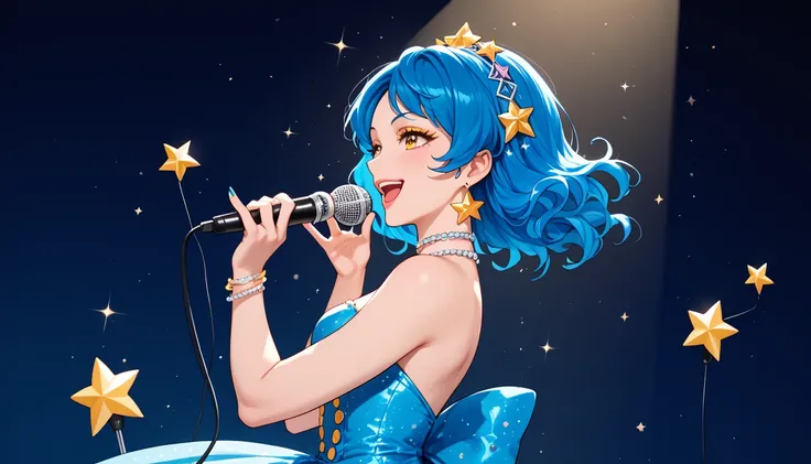 long mid shot of a beautiful blue-haired anime girl happy gesture, feautring as an singer on stage, singing anime girl, . She has medium-length hair that shines like stars, large yellow color eyes, and wears a modern dress, the stage is decorated in modern...