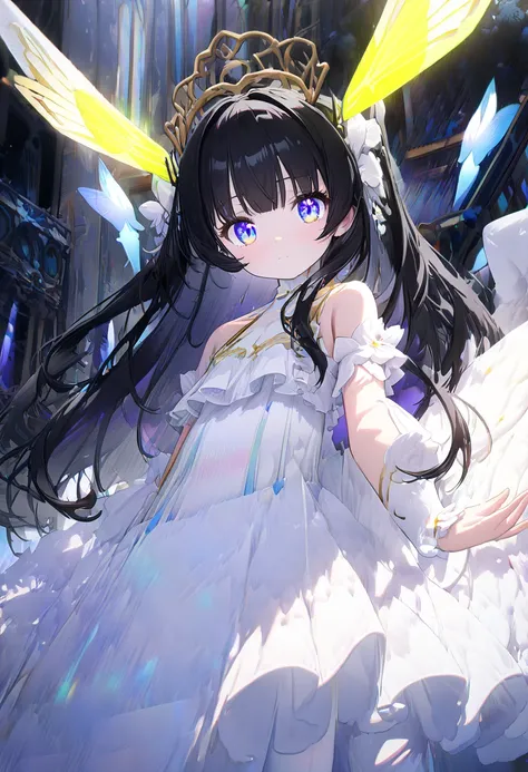 A young g​irl,​(1girl)(solo)(loli)​, black hair -​ white gradient and galaxy inner highlights, ( very long hair), purple​-yellow eye, wearing white cute bikini, white stocking

(( radient light., cute, girl,))add_detail:1, add_detail:0, add_detail:0.5, hig...