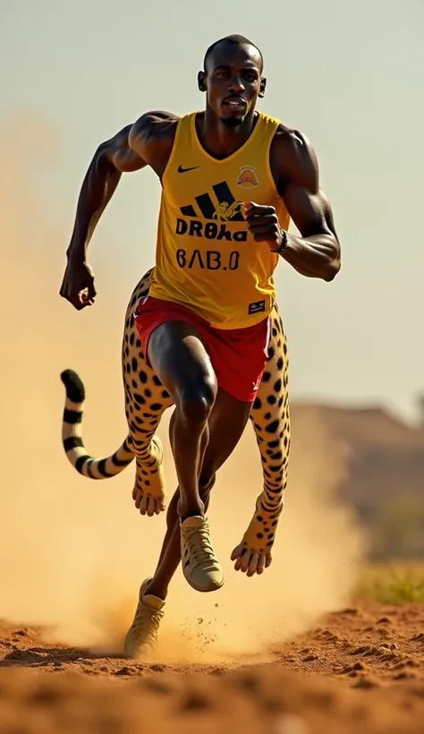 Imagine a hybrid version of Usain Bolt and a cheetah, blending their physical attributes into a single, lightning-fast entity. This creature has Bolt’s tall, athletic build and muscular frame, fused with the cheetah’s sleek body, covered in spotted fur tha...