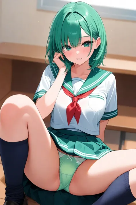  green hair　Green panties　 gal　 knee-high　 high school girl　perfect hand　