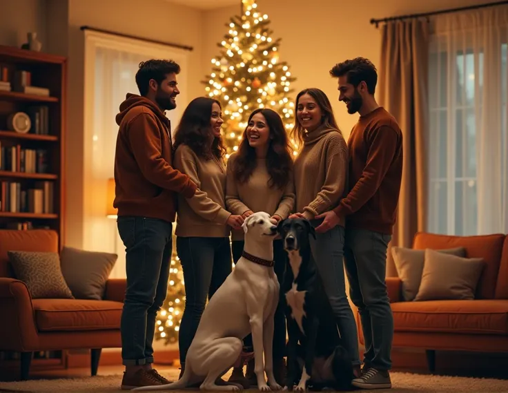 a group of five friends, three women and two men, holding hands around a christmas tree with two greyhound dogs, one black and one white, by their side