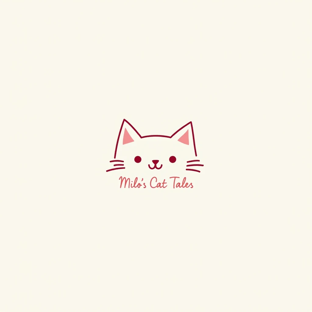 Create a minimalistic cat-themed logo. Use soft pink for the lines to draw an abstract representation of a cats face, with simple hand-drawn shapes like triangular ears, curved whiskers, and a small nose. Include the name Milos Cat Tales in a clean, handwr...