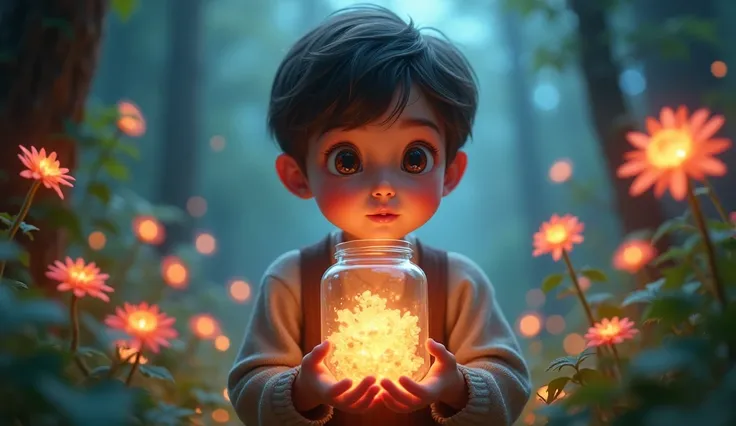 Make the boy hold a jar with the petal of the magical glowing flower 