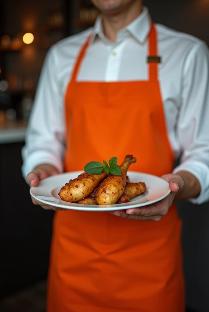 Génère un serveur vêtu dun un tablier orange et une chemise blanche portants un plat de poulet dans les mains sur un fond noir