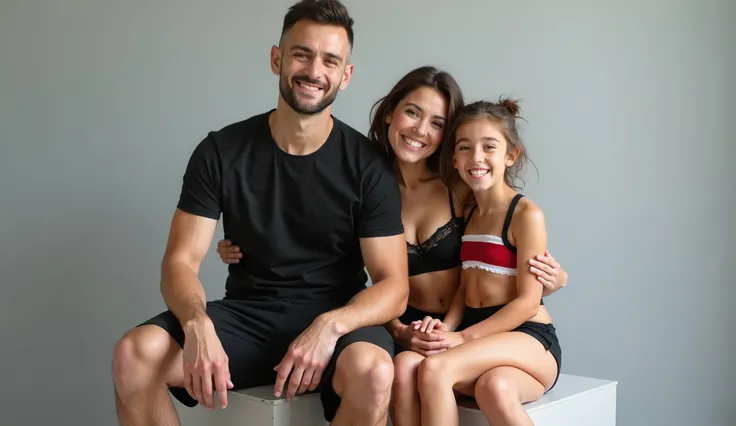 A hyper-realistic studio photo of a diverse family typical of Argentina, with European and Hispanic features, sitting and smiling together in a professional photography set. The family includes an adult man, an adult woman, and a  (around 8-). They are sea...