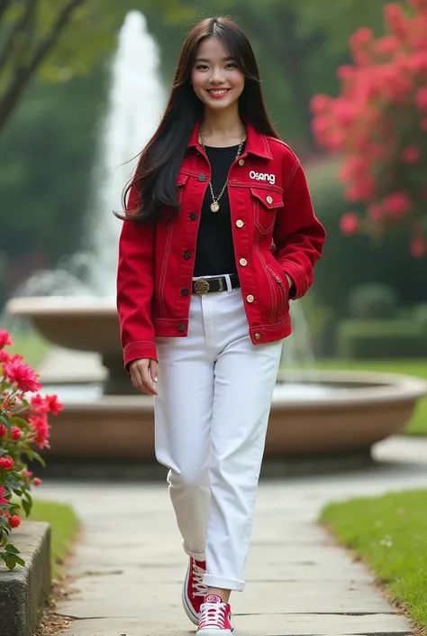 A  beautiful Asian 26x24x38 body size 130kgs woman, white soft skin, smiled, long black straight hair, wearing royal-red  denim jacket with sulked name "osang " on left side and white denim fitted pants ,black belt, red white sports shoes. with gold access...