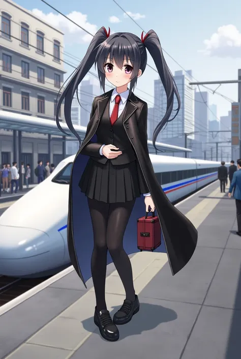 Japanese people、 black hair、 twin tails、smile、 big eyes、shiny black cloak、shiny black leather suit、 white shirt、 ties、 black skirt 、 black tights 、 shiny black high cut sneakers、I have a small trunk、 Station Home 、優しいsmile、White Shinkansen with blue lines、...