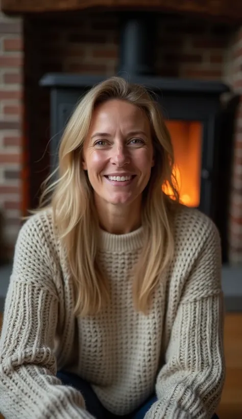 A woman, 38 years old, with a calm smile, dressed in a knitted sweater, sitting in front of a fireplace, looking into the camera.