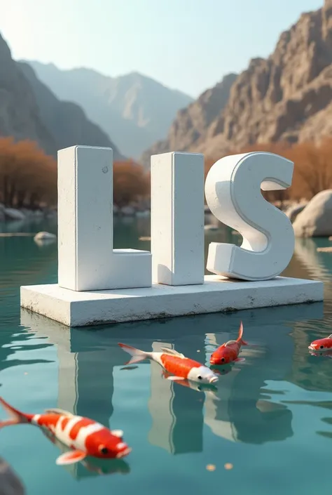 Make one photo of my name.
My name is "Lis". The text white stone style should be 8d. 
There should be in the Afghanistan . 
Text should be modern. 
Text should be in the water with koi fish.