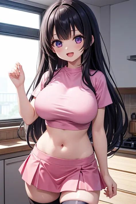 1 girl, anime screencap,score_anime, best quality, masterpiece, ultra high res, cute, shiny skin, pink shirts, crop top, (navel:1.2), midriff, bare stomach, short sleeves, miniskirt, pencil skirt, (single thighhigh:1.2), huge breasts, long hair,  smile, op...