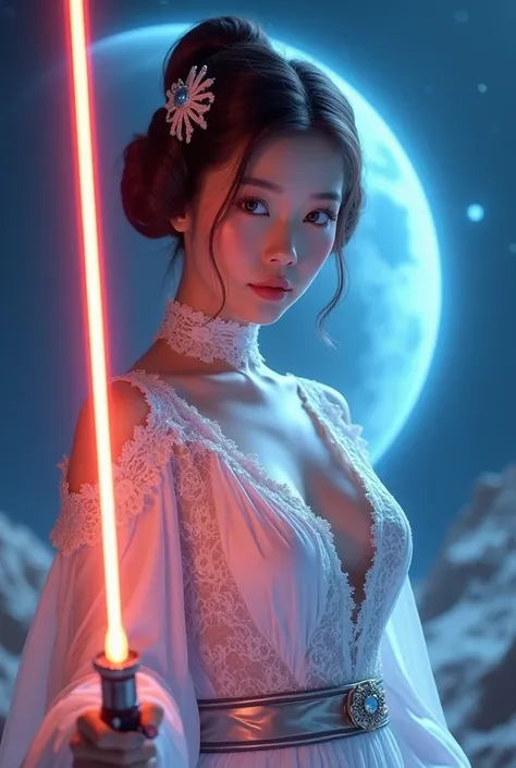 A beautiful sexy buxom cleavage Korean woman like Princess Leia Organa with a beautiful white gown intricate costume design, medium breast, maximum 3D details, with a lightsaber highly reflecting in a rainbow color design. A beautiful dress with lace and a...