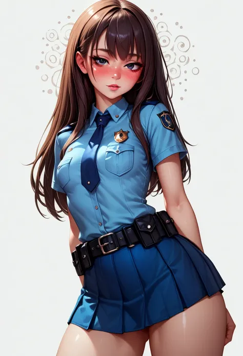     High Res Images,top quality,(( Beautiful Japanese High School Girl :1.5)),((  slender body:1.2)),(( blushed:1.0)),real skin , small breasts, shiny hair, VERY DETAILED BLACK EYES , simple background,(( Equipped Police Belt  :1.2)),((  shot from the fron...