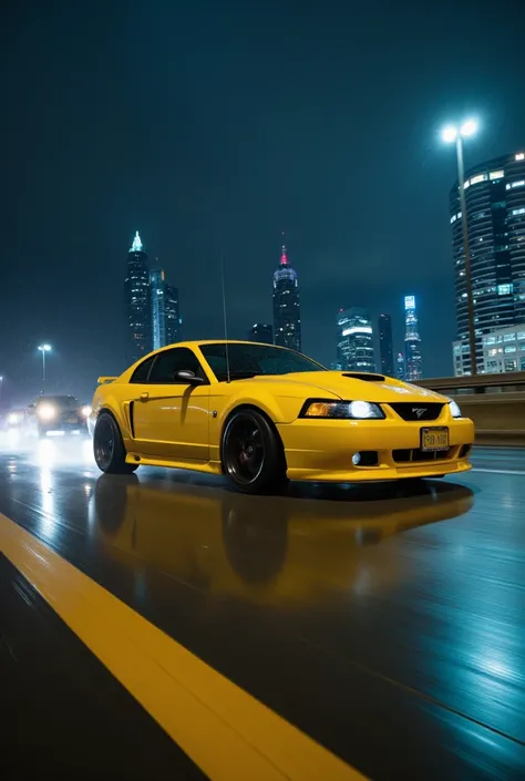 yellow 2003 Ford Mustang SVT Cobra, lowered, body kit, BBS wheels. in a highway at high speed, skyscrapers in the background, after rain, night. motion blur.