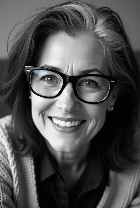 real woman, Glasses and smiling.  Black and white hair