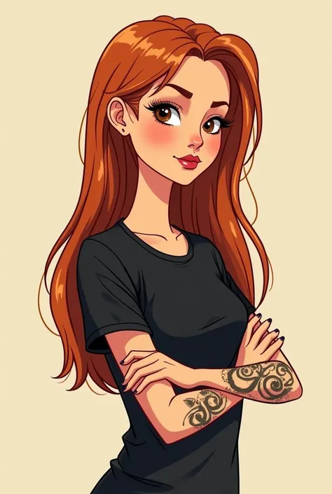  Draw a cartoon of a slender woman with copper hair Long and straight,  with few tattoos on her arms , brown eyes and black shirt .