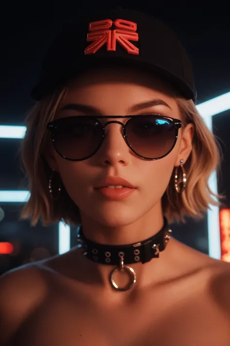 Full body view, Alternative girl,  looking over black sunglasses, desnuda, collar,  reflections of neon light on the skin, earring, make-up,  skin imperfections ,  short hair , cap, neon light background , low light,  depth of field,  ,  high contrast ,  f...