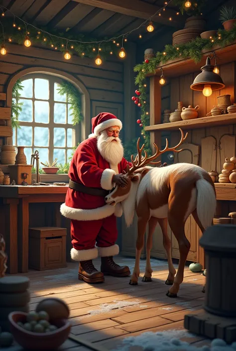 Santa Claus changing his deers horseshoes, The background is the workshop of Santa Claus , adorned with Christmas decorations , 