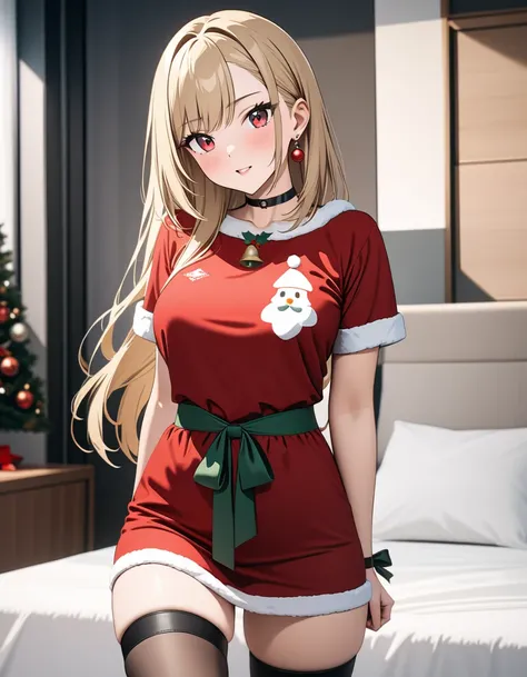 Christmas Polaroid Photo Generator,  White Christmas,  Santa Claus, ( Japanese anime style),  cute, masterpiece:1.5, masterpiece, highest quality, Kitagawa Marin, 1girl,  Cowboy Shot , blonde hair, long hair, multicolored hair, red eyes, jewelry, earrings,...