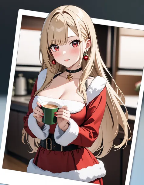 (Christmas Polaroid Photo Generator),  White Christmas,  Santa Claus, ( Japanese anime style),  cute, masterpiece:1.5, masterpiece, highest quality, Kitagawa Marin, 1girl,  Cowboy Shot , blonde hair, long hair, multicolored hair, red eyes, jewelry, earring...